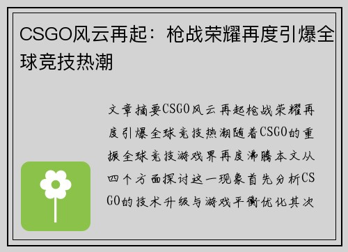 CSGO风云再起：枪战荣耀再度引爆全球竞技热潮